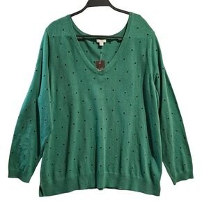 J‎ Jill Green Polka Dot V Neck Long Sleeve Casual Sweater Plus Size 2X